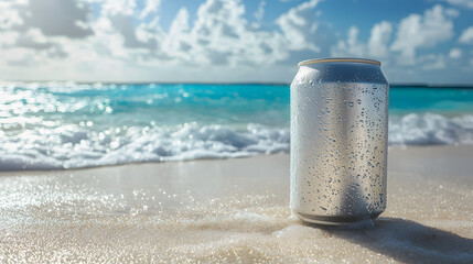 Aluminum Can on the Beach: A refreshing aluminum beverage can stands tall on a sandy beach, the sun's golden rays casting a glistening reflection on the can's surface.