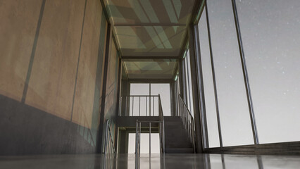 Staircase in a building with large windows. The light is coming through from the windows. Premium photo 3d render.