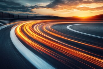 Naklejka premium Race Track Curve at Sunset with Light Trails Speeding Through the Asphalt Surface Low Angle Shot
