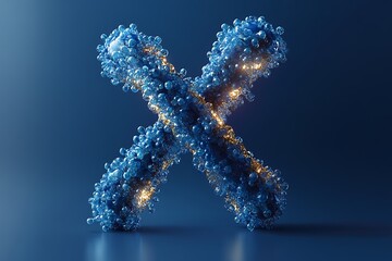 Abstract glowing blue x symbol formed by small circular particle structures in 3d