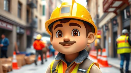 Cheerful cartoon construction worker in city