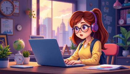 Cartoon style schoolgirl studying at laptop, focused on her work in cozy room
