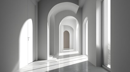 Fototapeta premium Bright and airy hallway with arched doorway and natural light