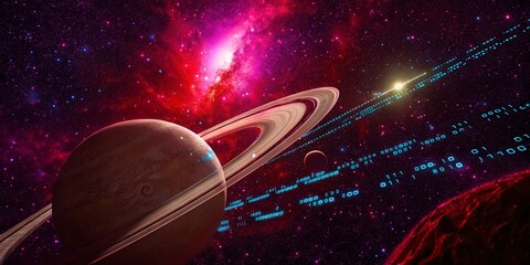 In a vast expanse of digital cosmos, streams of glowing light orbit in mesmerizing patterns like circuits of a galactic code. This fusion of technology and universe