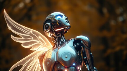Chrome automaton with ethereal wings gazes upward