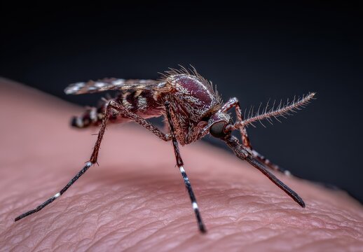 A close-up of a mosquito feeding on human skin.