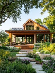 Fototapeta premium Modern Farmhouse with Wraparound Porch Barn Doors and Wood Exterior