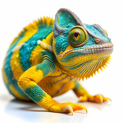 Fototapeta premium A striking yellow and blue panther chameleon, isolated on white, showcasing its vivid colors and textured