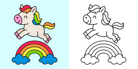Cute unicorn jump on rainbow cartoon character coloring page vector illustration