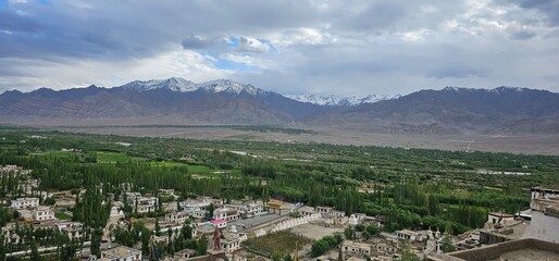 Obraz premium A breathtaking Himalayan landscape in Leh Ladakh, India—lush green fields stretch beneath towering snow-capped mountains under endless blue skies, blending serenity with raw natural grandeur.