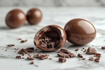Chocolate easter eggs displayed on a marble surface with crushed chocolate pieces