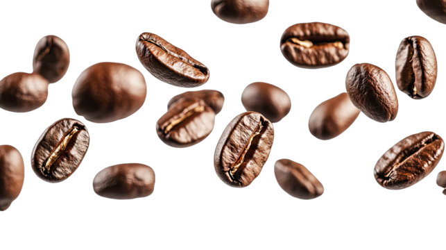 Close-up Of Roasted Coffee Beans Falling Against A Transparent Background The Beans Are In Focus And The Background Is Blurred