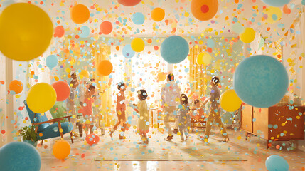 A childâ€™s birthday party in full swing inside a bright living room filled with color. Balloons in polka dots and solids float above, streamers hang like vines, and confetti flutters down around