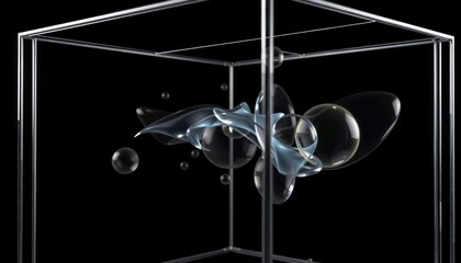 Abstract fluidic shapes encased in geometric form, representing modern artistry and dimensional exploration