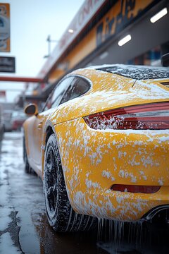 Yellow car covered in snow foam