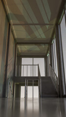 Staircase in a building with large windows. The light is coming through from the windows. Premium photo 3d render.