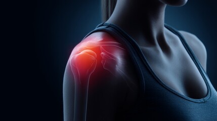 Female adult experiencing shoulder pain with highlighted joint inflammation