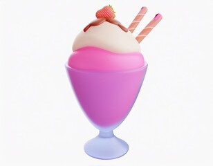 3D strawberry sundae with chocolate sauce and wafer straws in a glass dish
