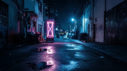 Naklejka premium Neon-lit alleyway at night, reflecting in puddles.