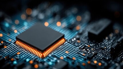Obraz premium Close-up of a Microchip on a Circuit Board, Highlighting Advanced Technology and Electronic Components, Ideal for Semiconductor and Computer Hardware Concepts