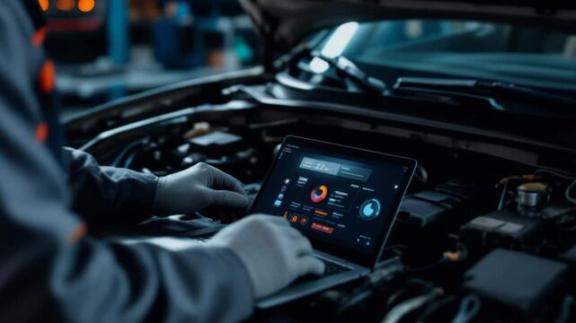 Mechanic using tablet interface to run diagnostics on car engine in modern workshop with blurred background. Concept of smart automotive technology and service