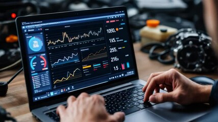 Close-up of laptop screen with financial trading graphs and hands analyzing data in real-time. Concept of investment and market analytics - Powered by Adobe