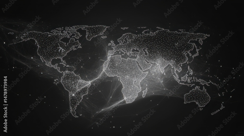 Poster Abstract world map with glowing lines and dots, representing global connections.