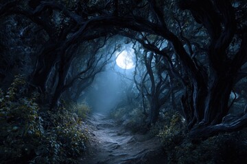 Mystical moonlit forest pathway at night.