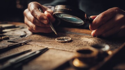 Male jeweler examining ring with magnifying glass in workshop