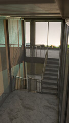 Staircase in a building with large windows. The light is coming through from the windows. Premium photo 3d render.