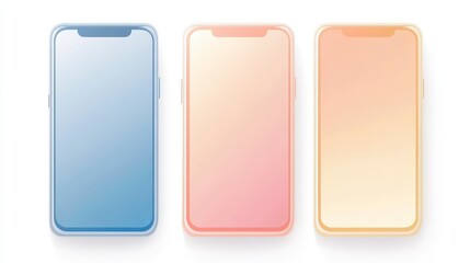 Three smartphones with pastel gradient backgrounds.