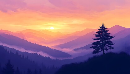 Majestic mountain vista at sunrise, painted in vibrant hues.