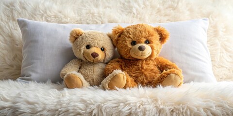 Snuggle-loving teddy bears on a plush cushion , teddy bears, cozy spaces,  teddy bears, cozy spaces