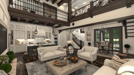 A spacious living room with a high ceiling, a fireplace, and a large kitchen in the background