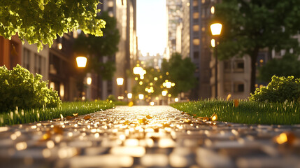 a calm street scene with a brick pathway leading to a beautiful cityscape. The sun is shining warmly, casting a golden glow on the pathway and the buildings in the distance.