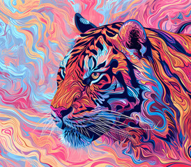 an abstract drawing of a tiger with colorful lines, precisionist lines, light red and indigo, colorful turbulence with mixed pattern colorful background