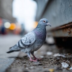 Obraz premium A pigeon standing on the ground next to a metal structure