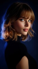 Fototapeta premium A woman in a black dress is posing for a portrait