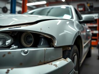Damaged used car in a mechanic’s garage, perfect for repair or spare parts, professional stock photo