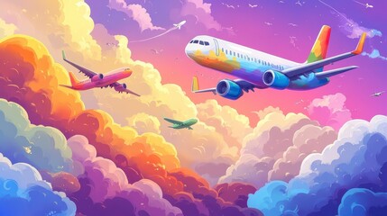Fototapeta premium Colorful airplanes flying above vibrant clouds at sunset.