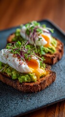 Gourmet avocado toast with poached eggs and microgreens on rustic bread