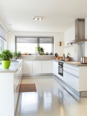 Fototapeta premium Bright modern kitchen interior design with white cabinets plants and stainless steel appliances in minimalist style