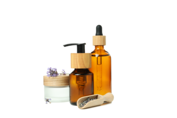 PNG,Lavender oil in bottles with lavender flowers, isolated on white background