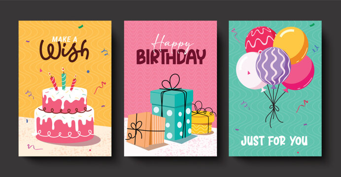 Birthday wishes clipart poster set design. Happy birthday greeting text clip art collection in colorful abstract background with strawberry cake, gift box and bunch of balloons for invitation card - Powered by Adobe