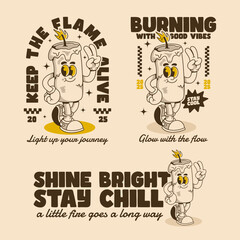 Set of Cute Candle Mascot Designs with Positive Quotes in Retro Style