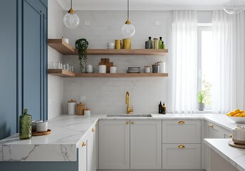 The image showcases a contemporary kitchen with sleek white cabinets, sophisticated gold hardware, a white marble-look island with a blue base, and a modern white pendant light