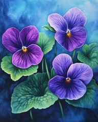 Watercolor Painting of Purple Pansies with Green Leaves on Blue Background Close Up Artistic Style