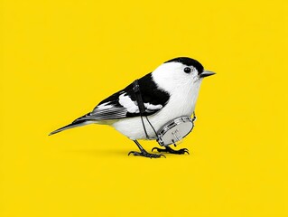 Naklejka premium A Playful Black and White Bird on a Vivid Yellow Background