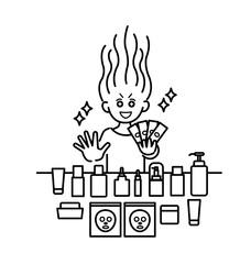 化粧品にお金を注ぎ込む女性のイラスト　線画のみ