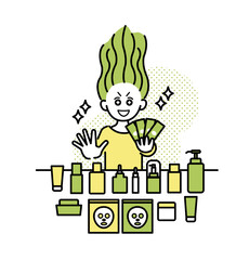 化粧品にお金を注ぎ込む女性のイラスト